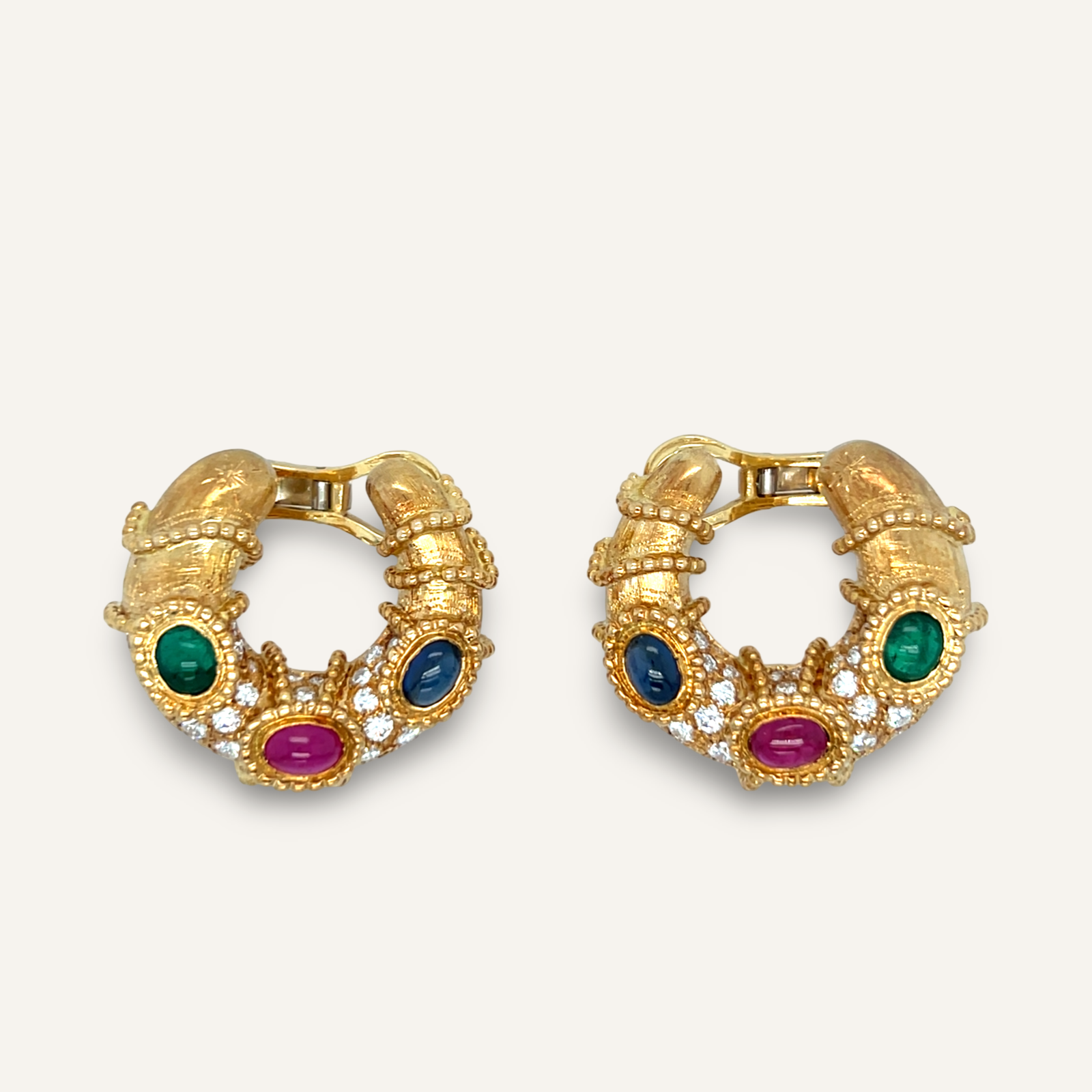 Pair of 18k Yellow Gold Ruby, Emerald, Sapphire and Diamond Crescent shaped earrings