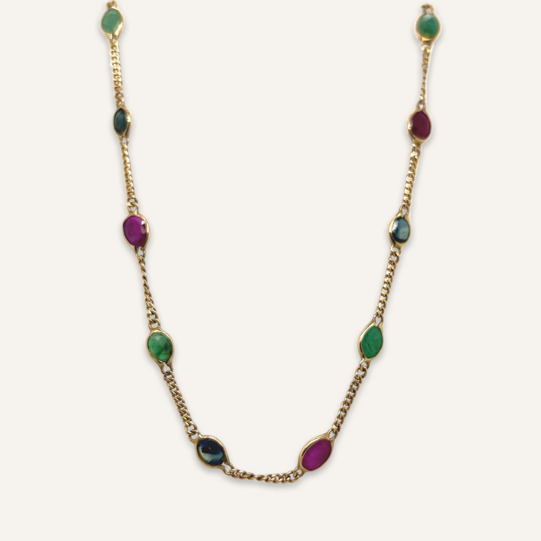 14K Yellow Gold, Emerald, Sapphire and Ruby Necklace