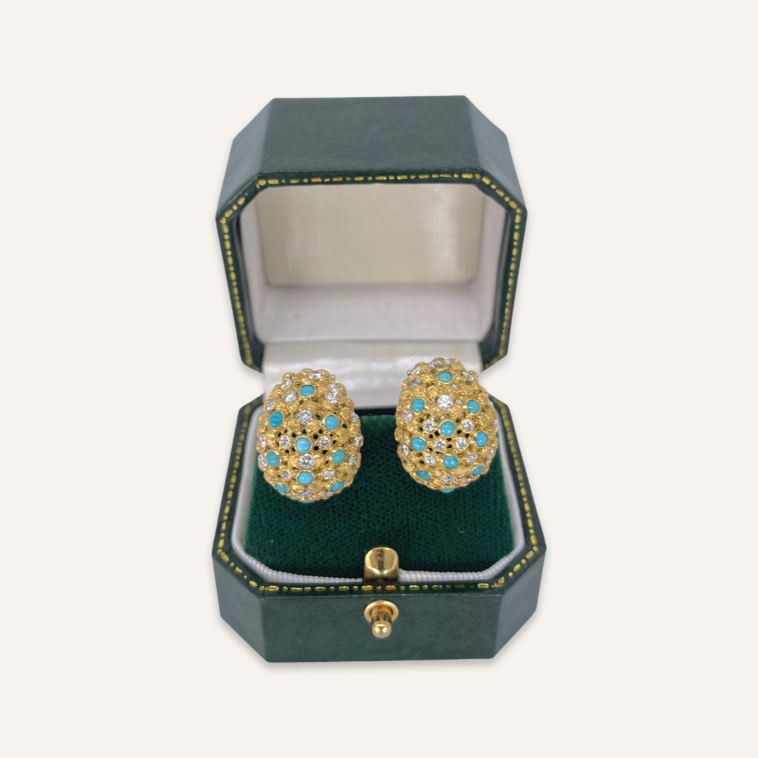 14k Yellow Gold Turquoise and Diamond Huggies
