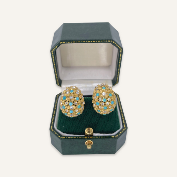 14k Yellow Gold Turquoise and Diamond Huggies