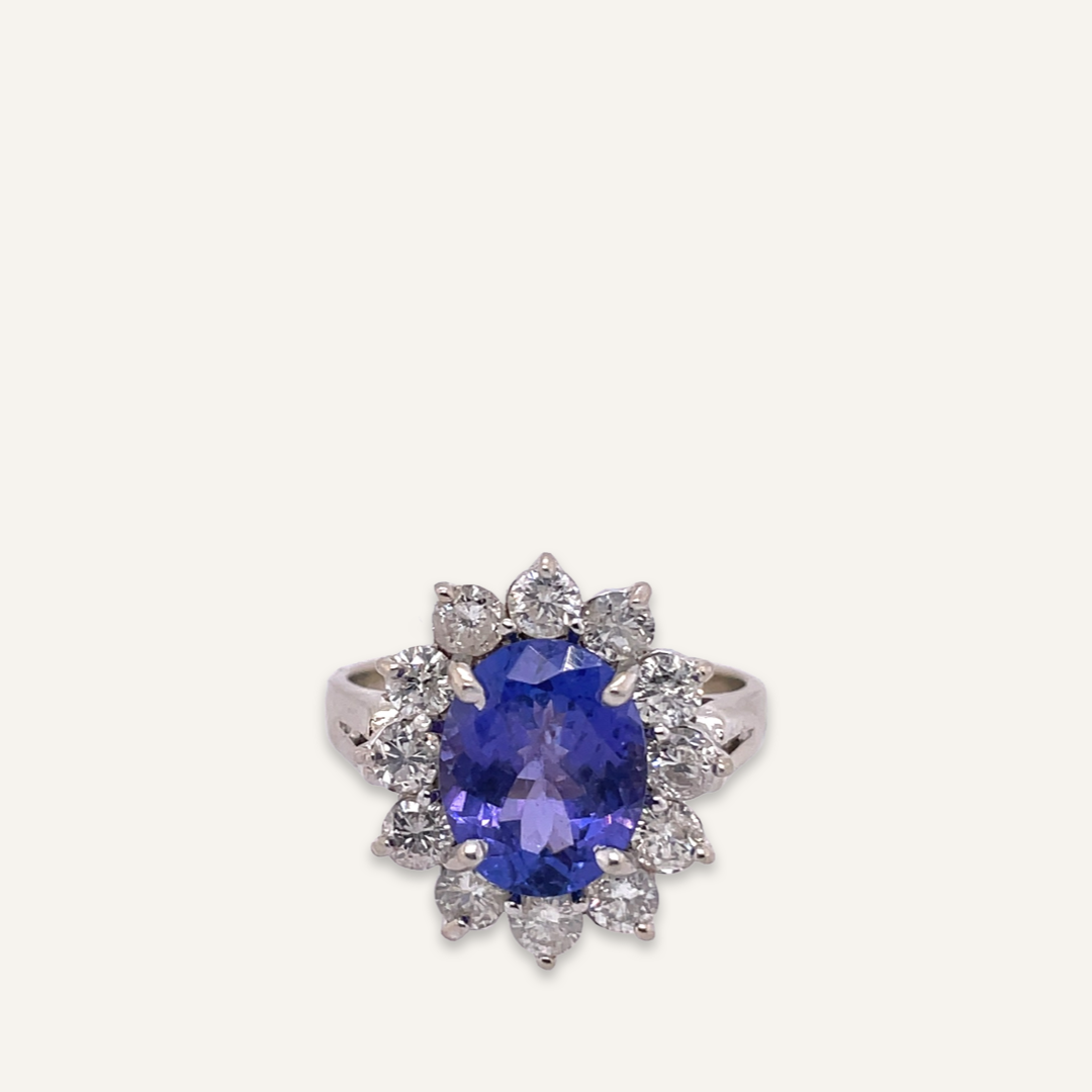 Tanzanite and Diamond Halo Engagement Ring