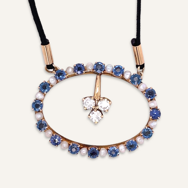 Victorian Sapphire, Pearl and Diamond Necklace on Black Silk