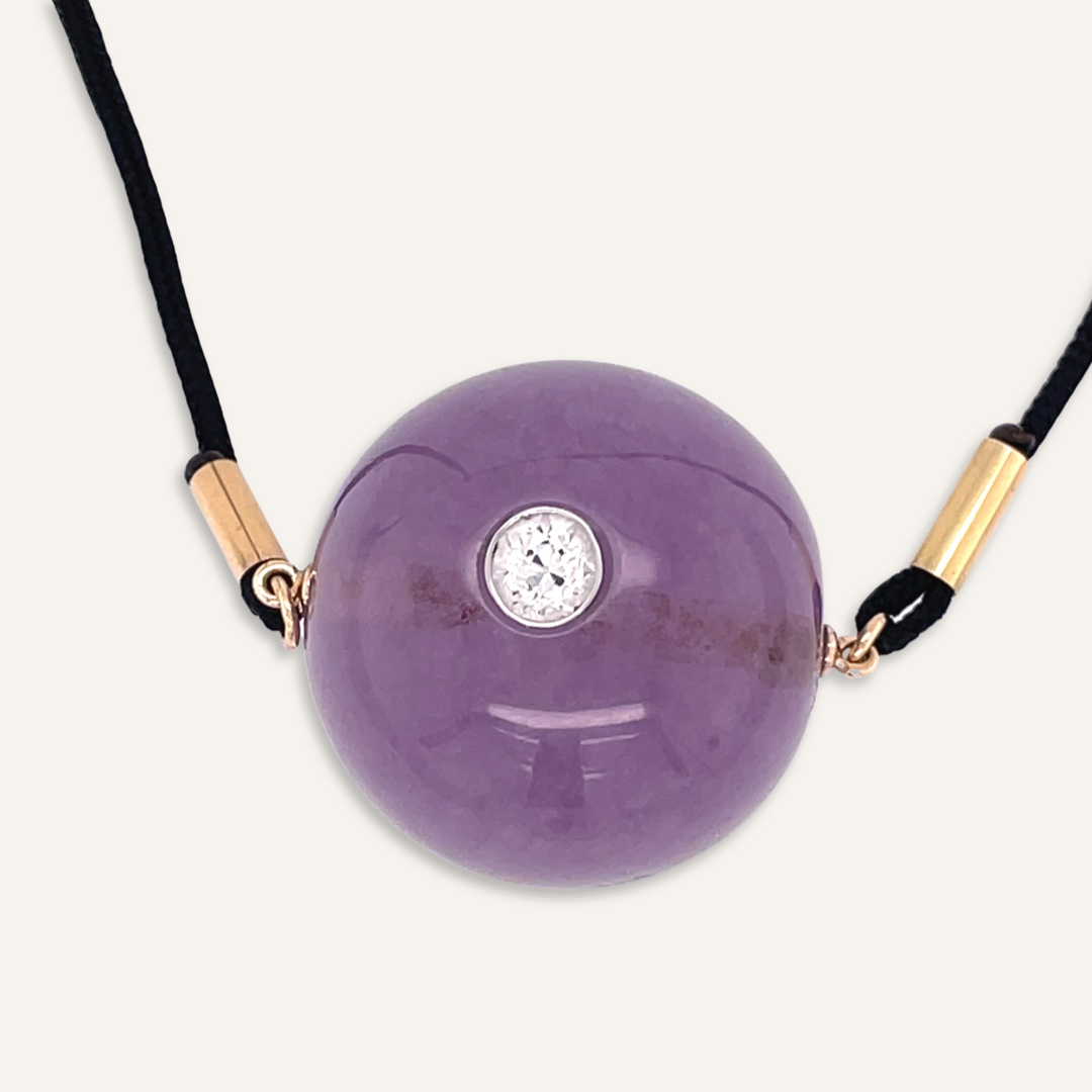 Amethyst Chinese Court Bead and Diamond Necklace on Black Silk Cord