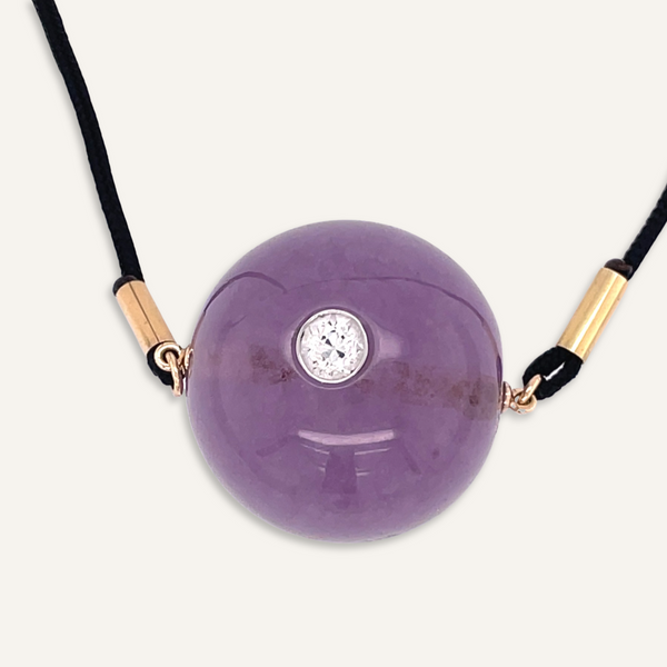 Amethyst Chinese Court Bead and Diamond Necklace on Black Silk Cord