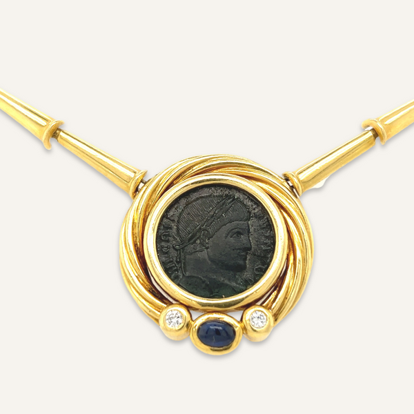 18k Yellow Gold Crispo Roman Coin Necklace with Diamonds and Sapphire