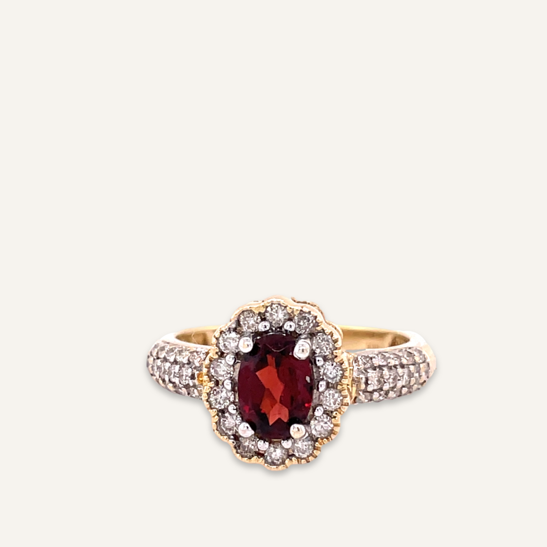 14k Yellow Gold Garnet and Diamond Ring