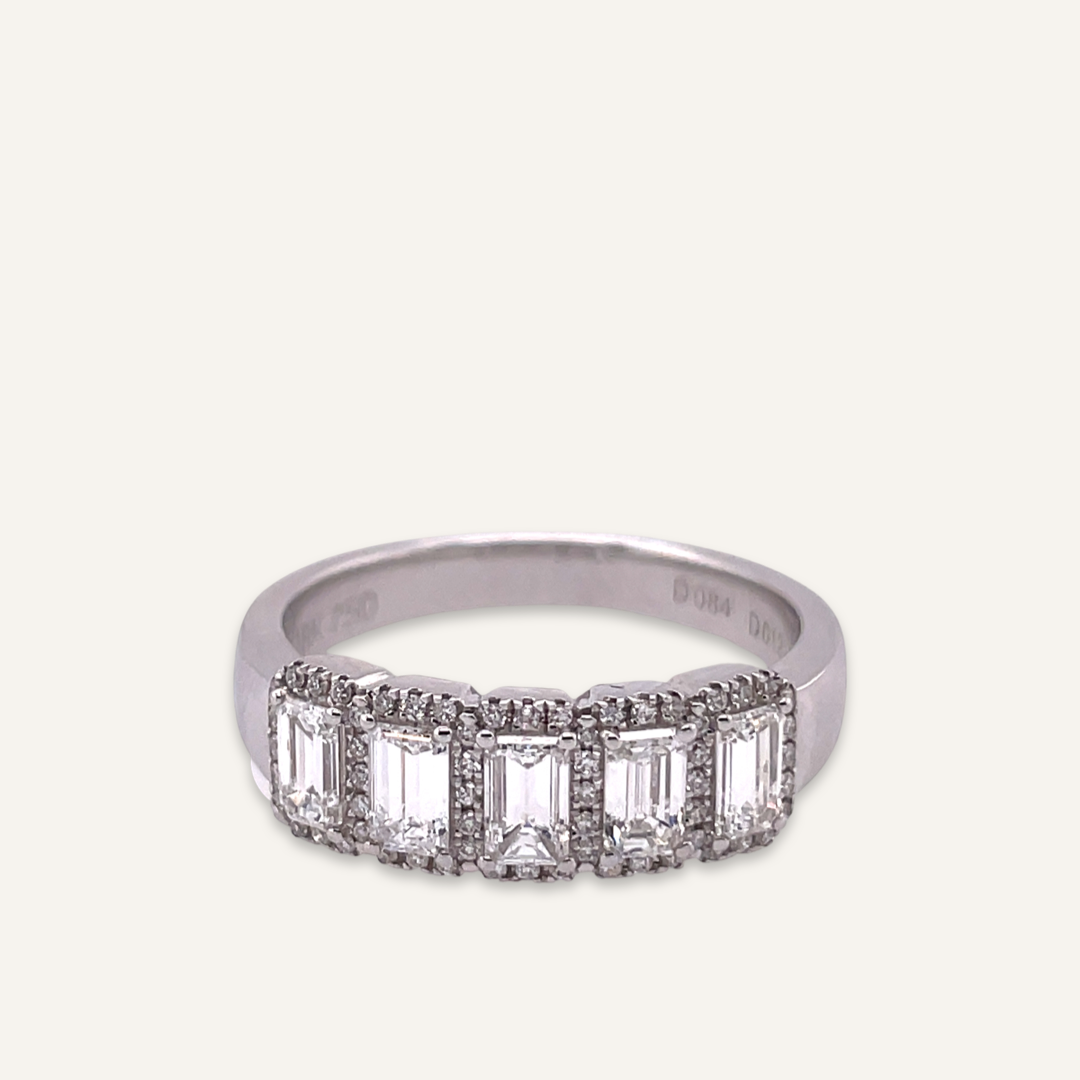 14k White Gold Emerald Cut Diamond Band with Halo