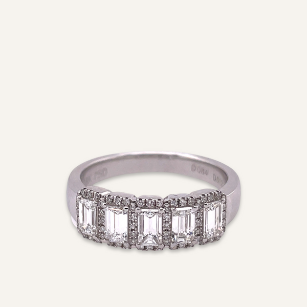 14k White Gold Emerald Cut Diamond Band with Halo