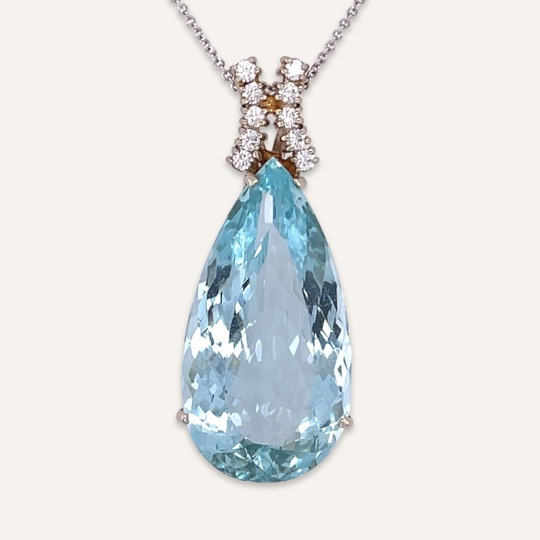 14k Yellow Gold Aquamarine and Diamond Pear Shaped Pendant