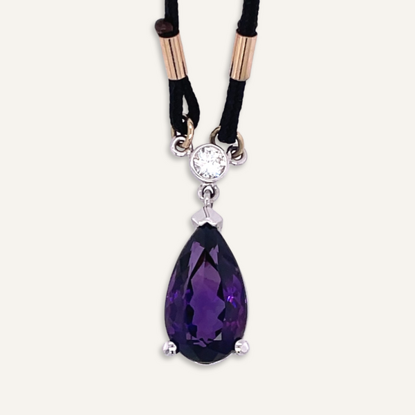 Pear Shaped Amethyst and Diamond Necklace on Black Silk Cord