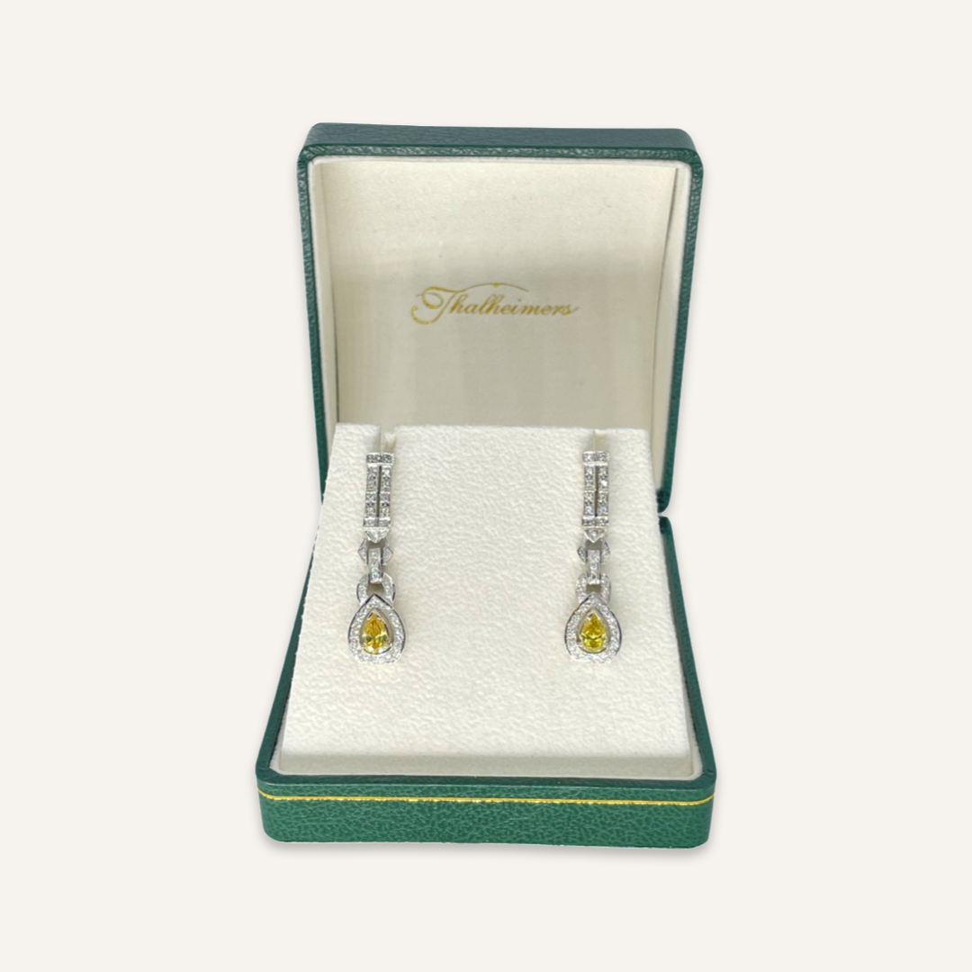 14k White Gold Canary Yellow and Fancy Diamond Dangle Earrings