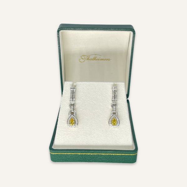 14k White Gold Canary Yellow and Fancy Diamond Dangle Earrings
