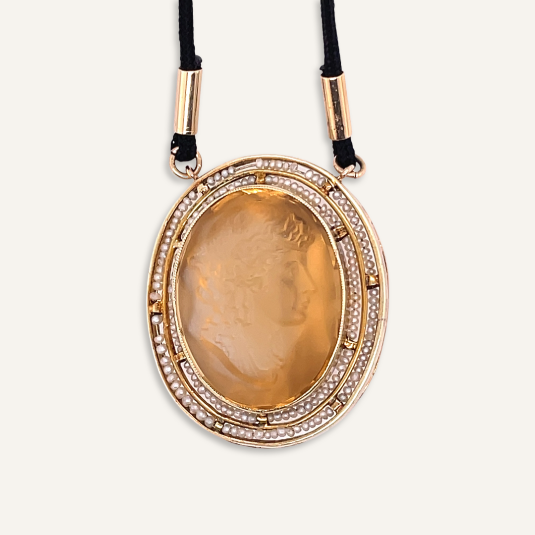 18th c. Citrine and Pearl Cameo Necklace on Black Silk Cord