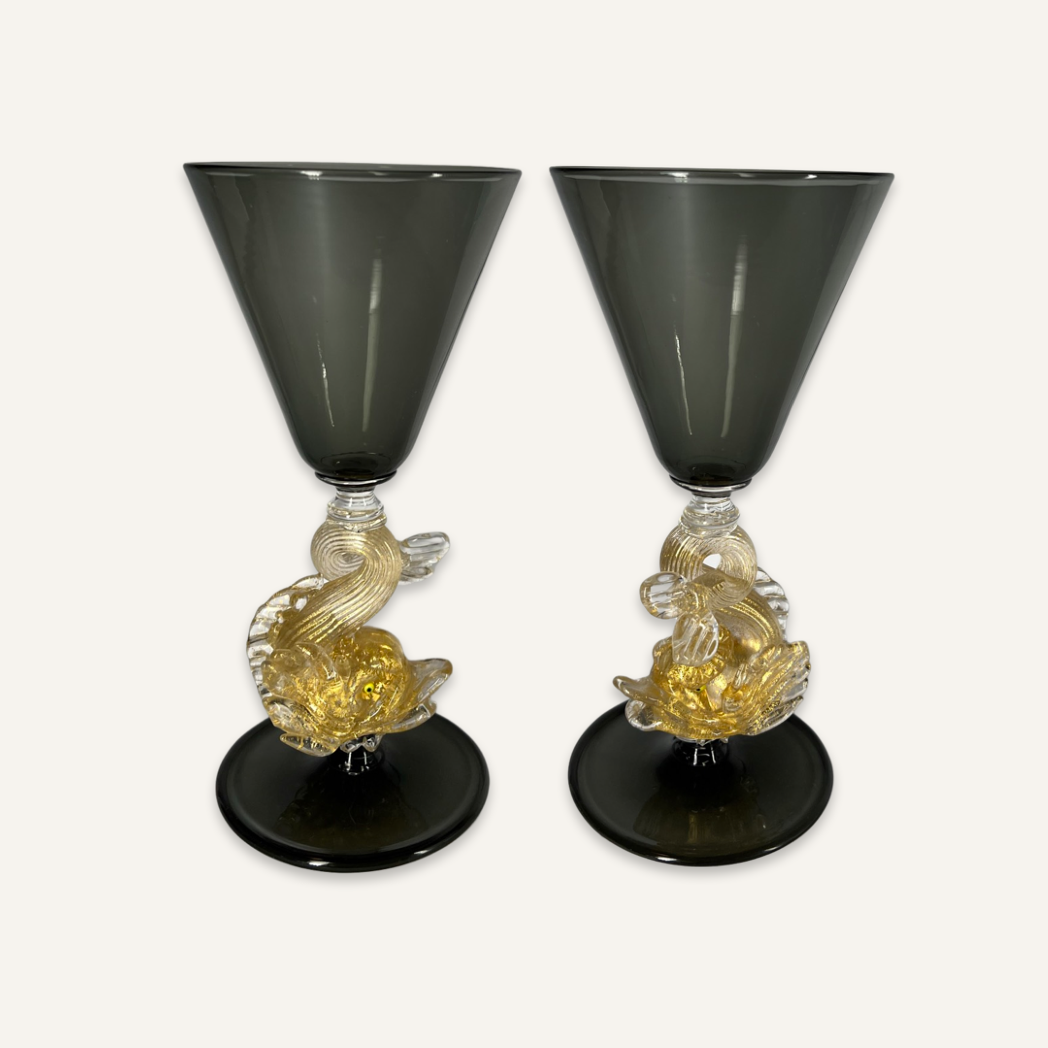 Venini Dolphin Goblets in Smoke Glass, Murano, Set of 12