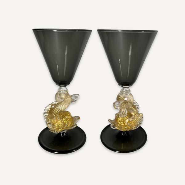 Venini Dolphin Goblets in Smoke Glass, Murano, Set of 12