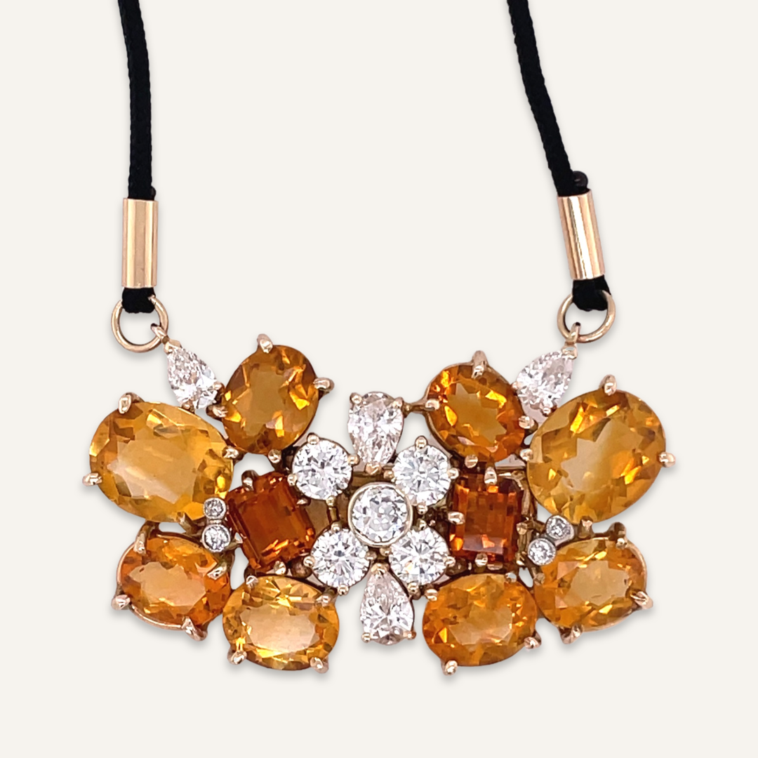 Citrine and Diamond on Black Silk Cord Necklace