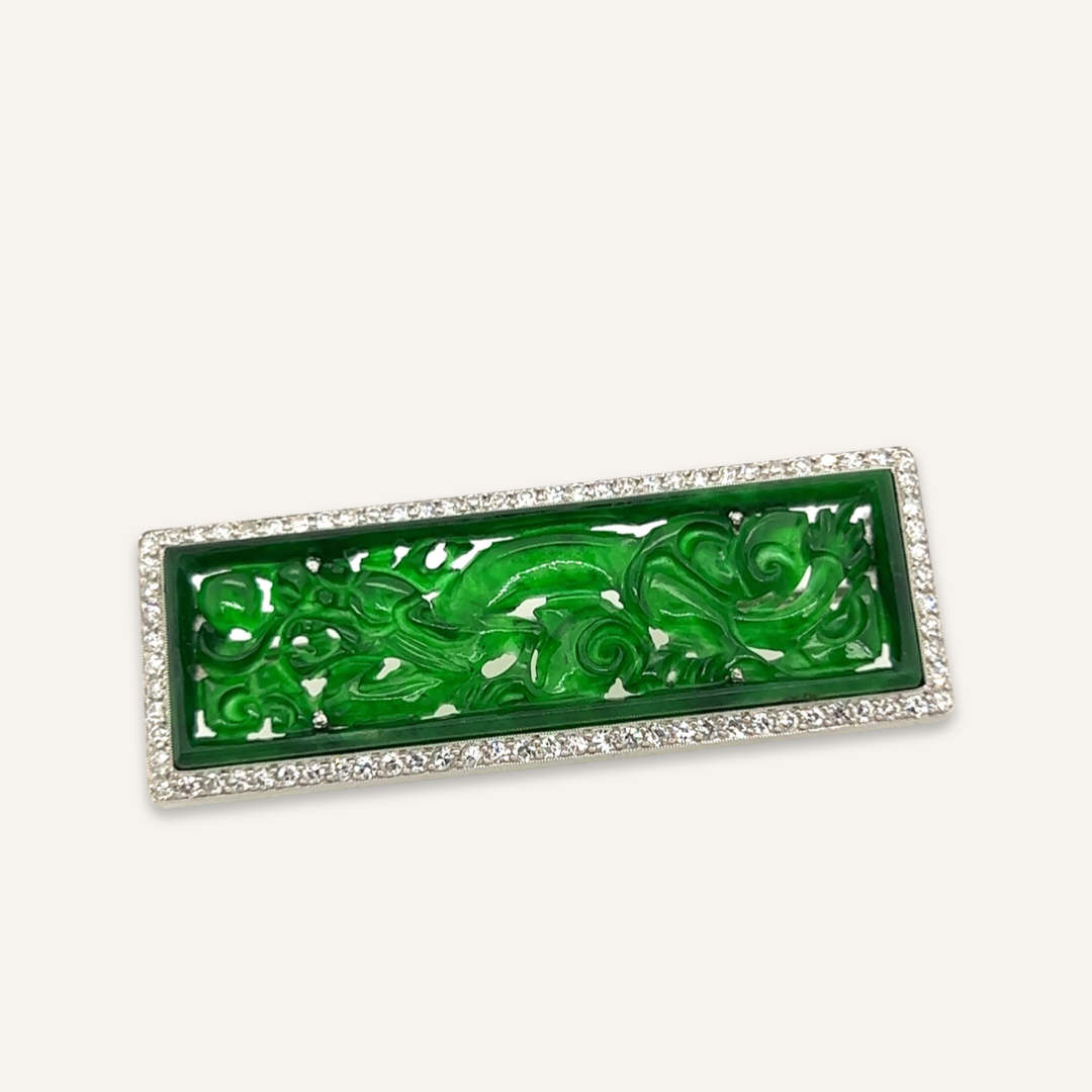 Platinum, Diamond and Carved Jade Pin