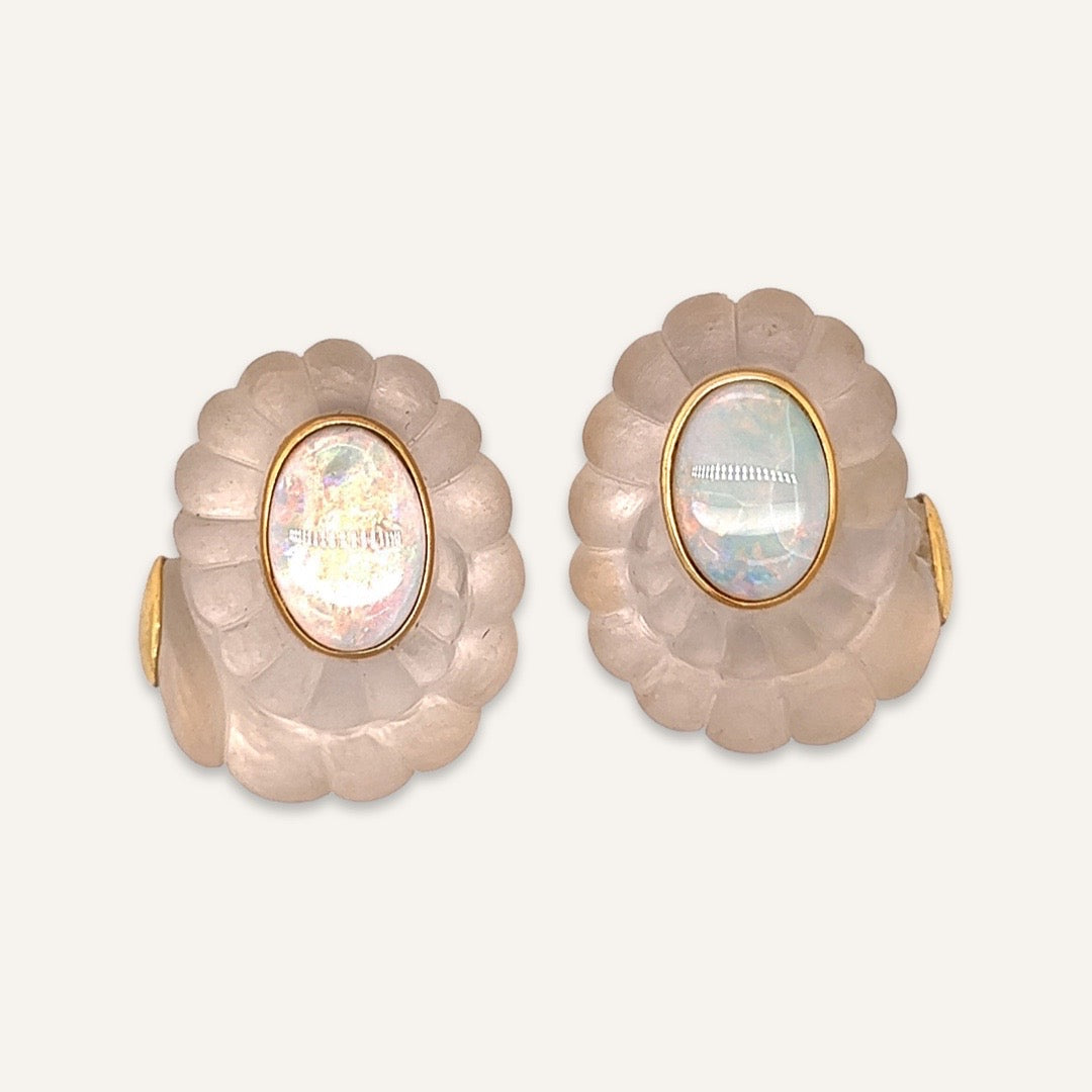 18k Yellow Gold Rock Crystal and Opal Earrings