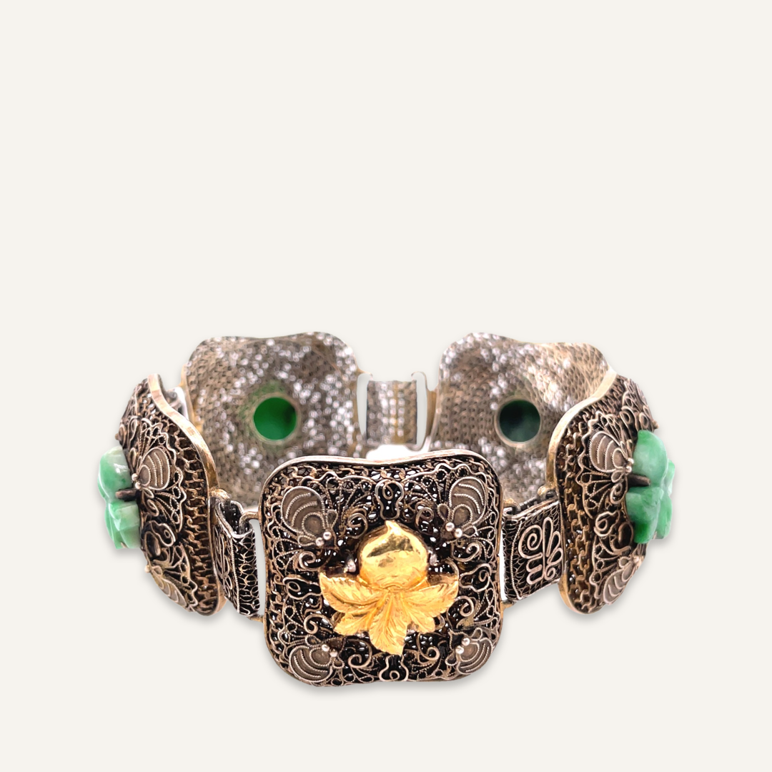 Chinese Export Sterling Jade and 22k Yellow Gold Bracelet