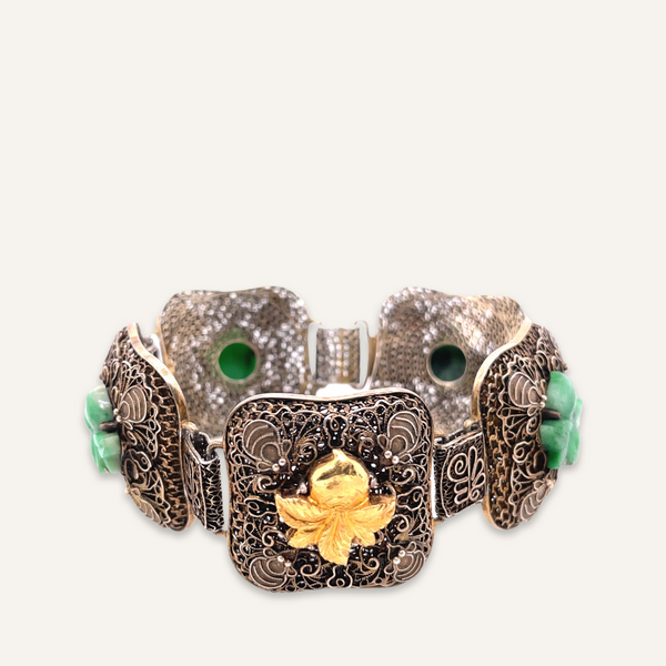 Chinese Export Sterling Jade and 22k Yellow Gold Bracelet