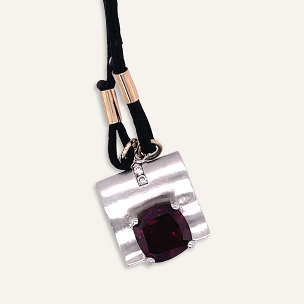14k White Gold and Garnet Necklace on Black Silk Cord