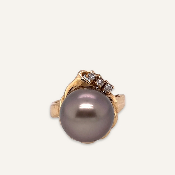 14K Yellow Gold, Peacock Pearl, and Diamond Ring
