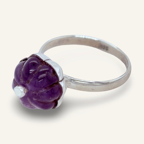 Carved Amethyst and Sterling Flower Ring