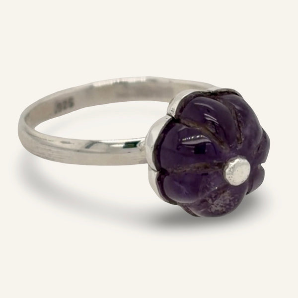 Carved Amethyst and Sterling Flower Ring