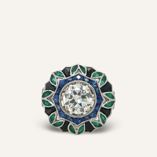 Emerald, Onyx, Sapphire and Diamond engagement ring