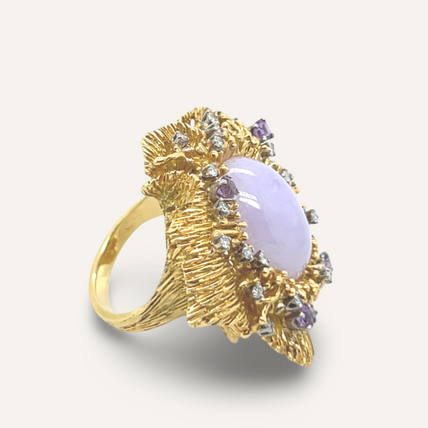 18k Yellow Gold Lavender Jade Diamond and Amethyst Ring