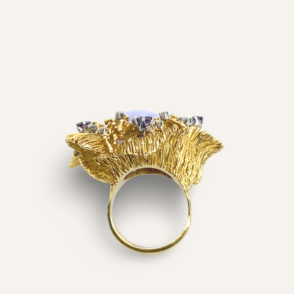 18k Yellow Gold Lavender Jade Diamond and Amethyst Ring