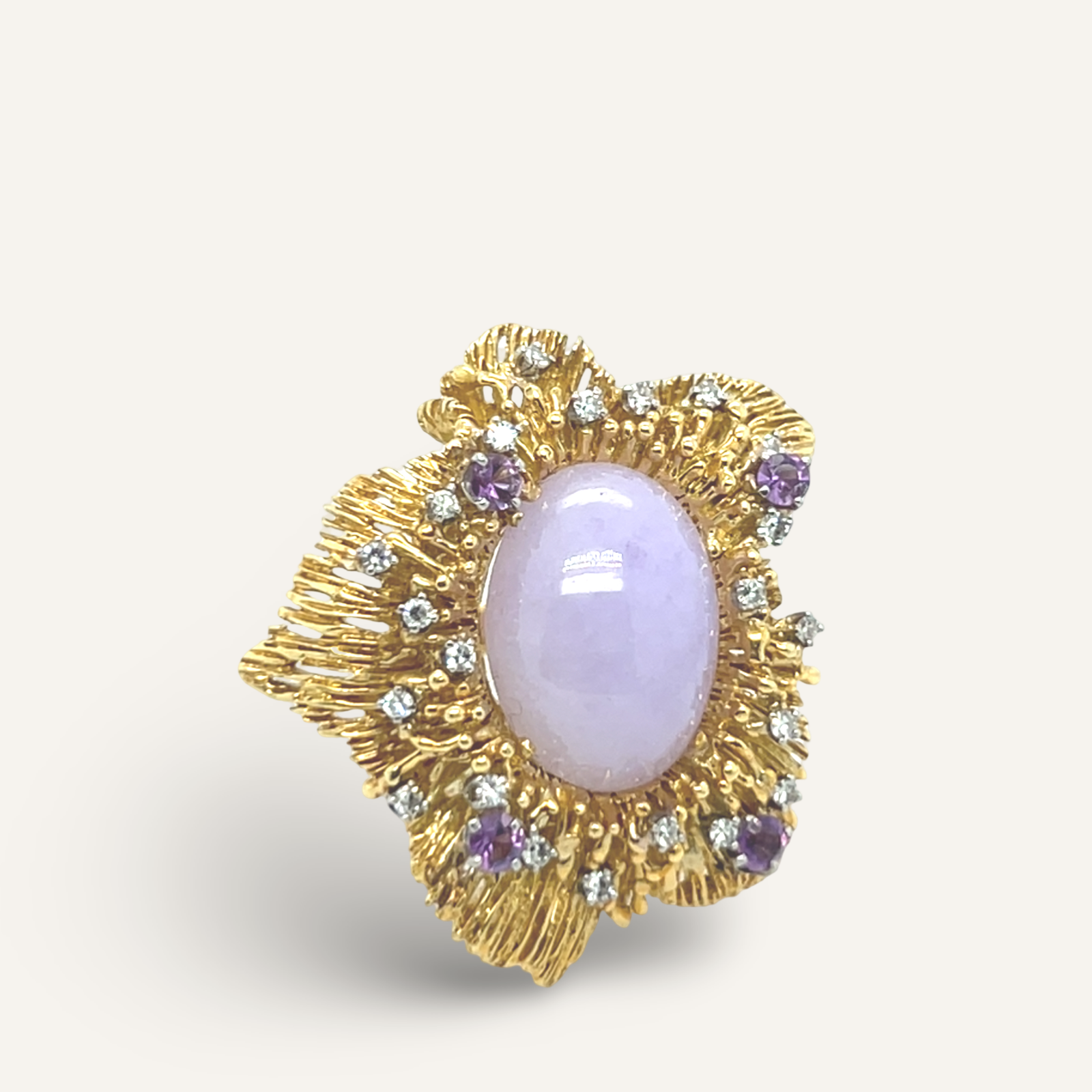 18k Yellow Gold Lavender Jade Diamond and Amethyst Ring