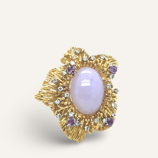 18k Yellow Gold Lavender Jade Diamond and Amethyst Ring