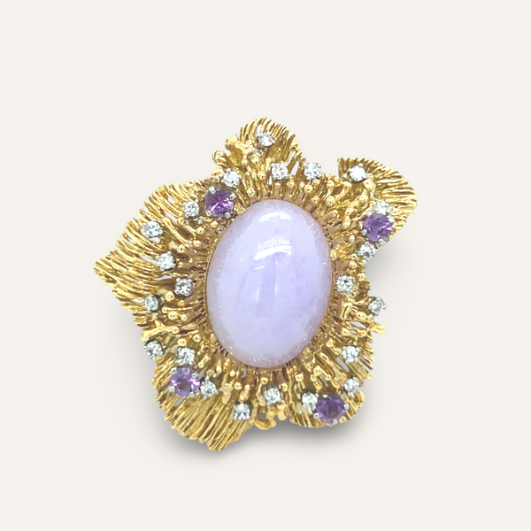 18k Yellow Gold Lavender Jade Diamond and Amethyst Ring
