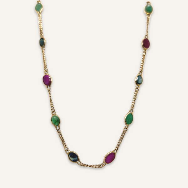 14K Yellow Gold, Emerald, Sapphire and Ruby Necklace