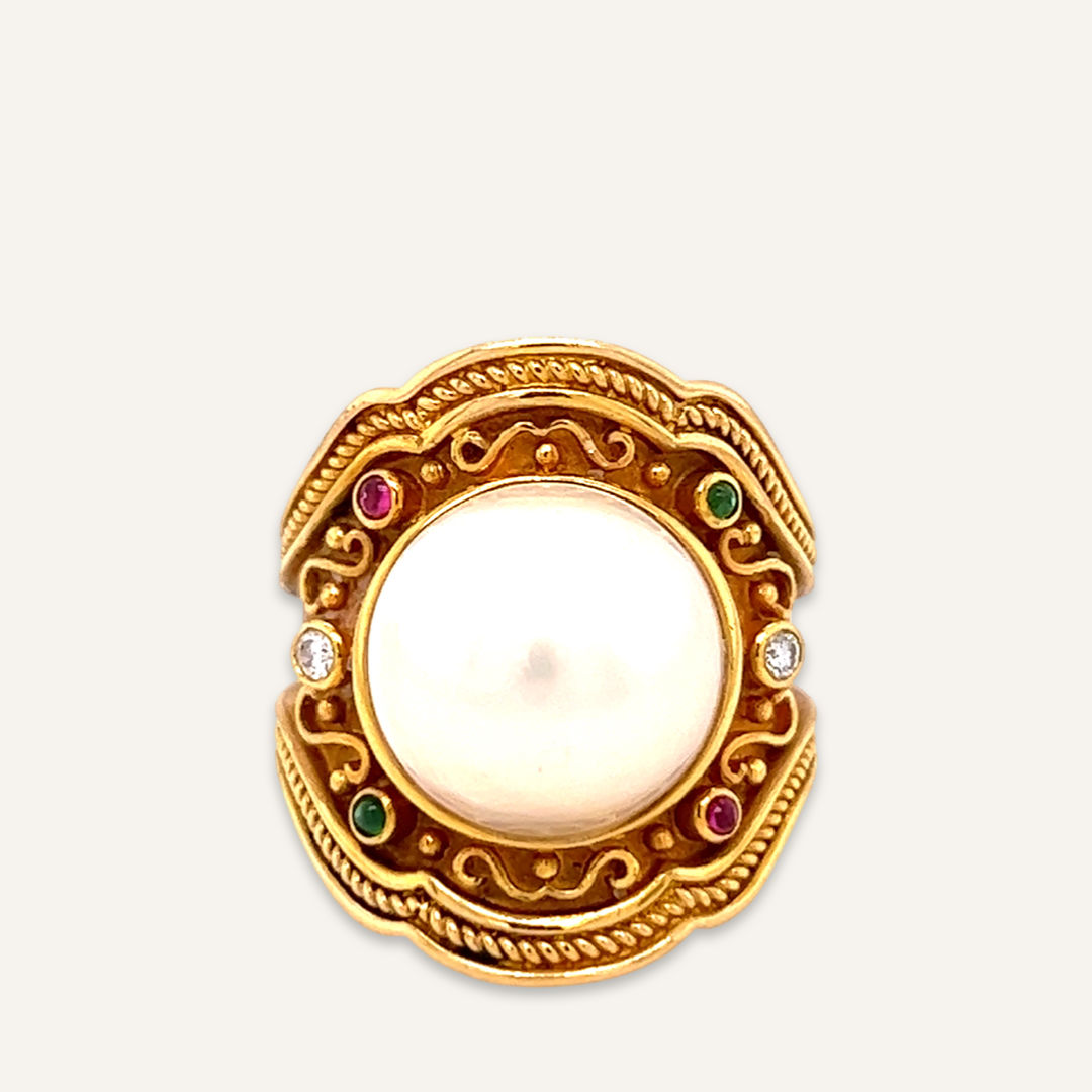 18K Yellow Gold, Pearl, Emerald, and Ruby Cabochon Ring