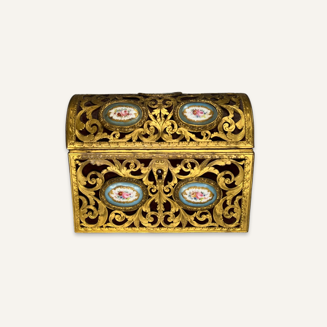Sevres Ceramic and Punched Brass Box, 19th c.