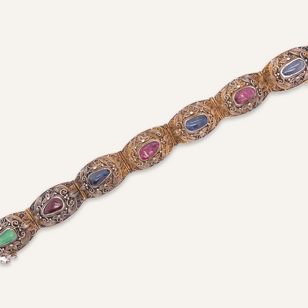 Sapphire and Ruby Chinese Export Sterling Silver Bracelet