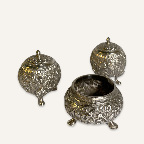 3 piece Thai Silver Salt Cellar and Pepper shakers
