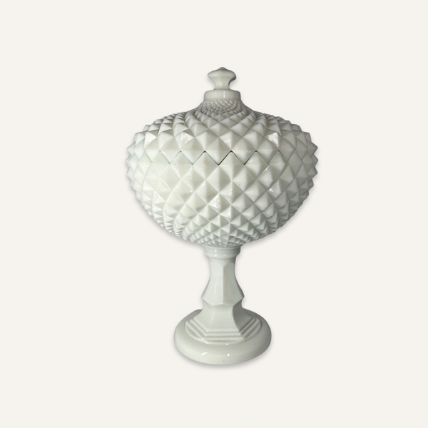 Westmoreland Diamond Cut Milk Glass Covered Compote