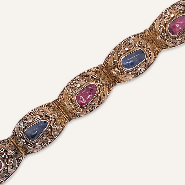 Sapphire and Ruby Chinese Export Sterling Silver Bracelet