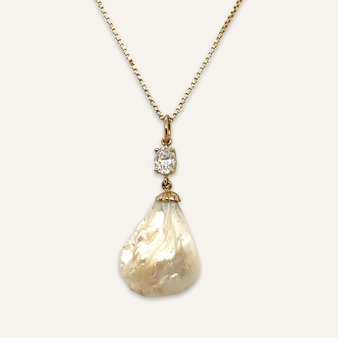 18k Yellow Gold Baroque Pearl and Diamond