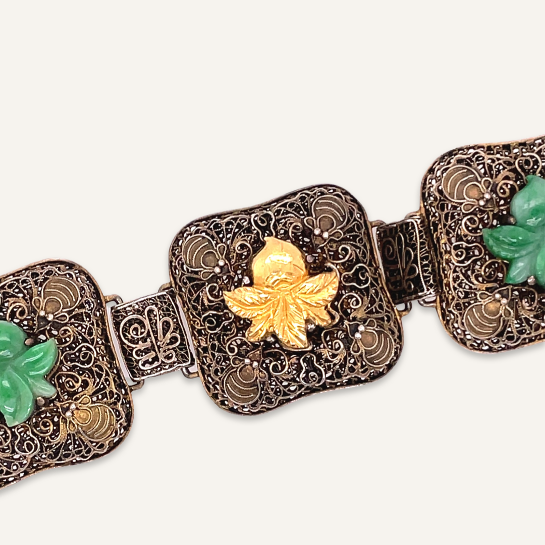 Chinese Export Sterling Jade and 22k Yellow Gold Bracelet