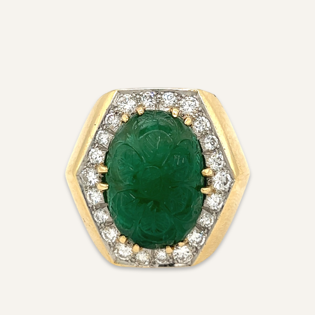 14K Yellow Gold, Carved Emerald, and Diamond Cocktail Ring