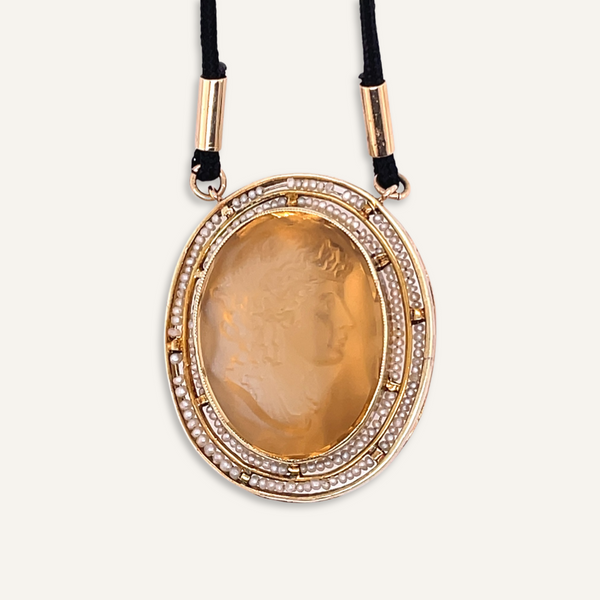 18th c. Citrine and Pearl Cameo Necklace on Black Silk Cord