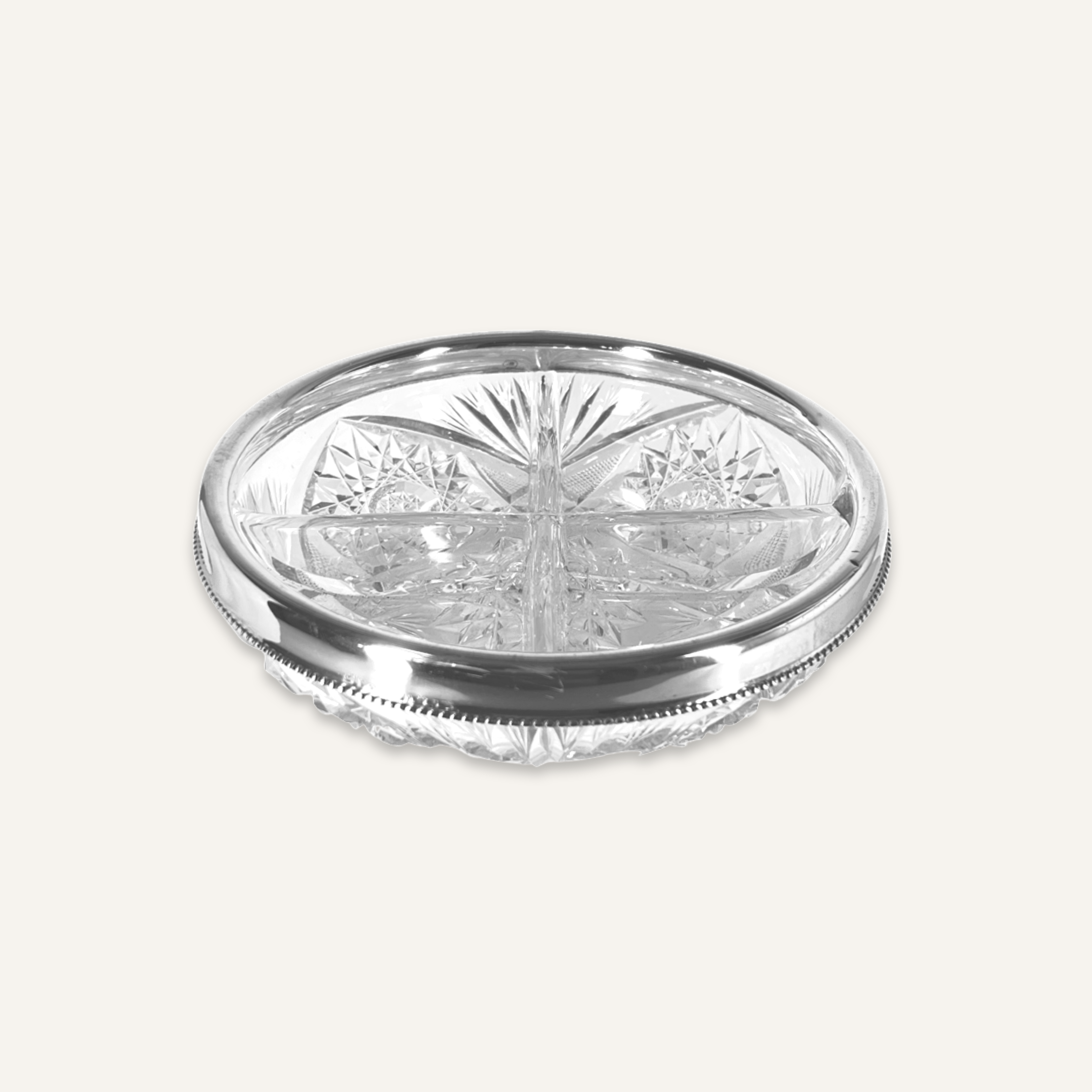 American Brilliant Cut Crystal Divided Dish with Silver Ring