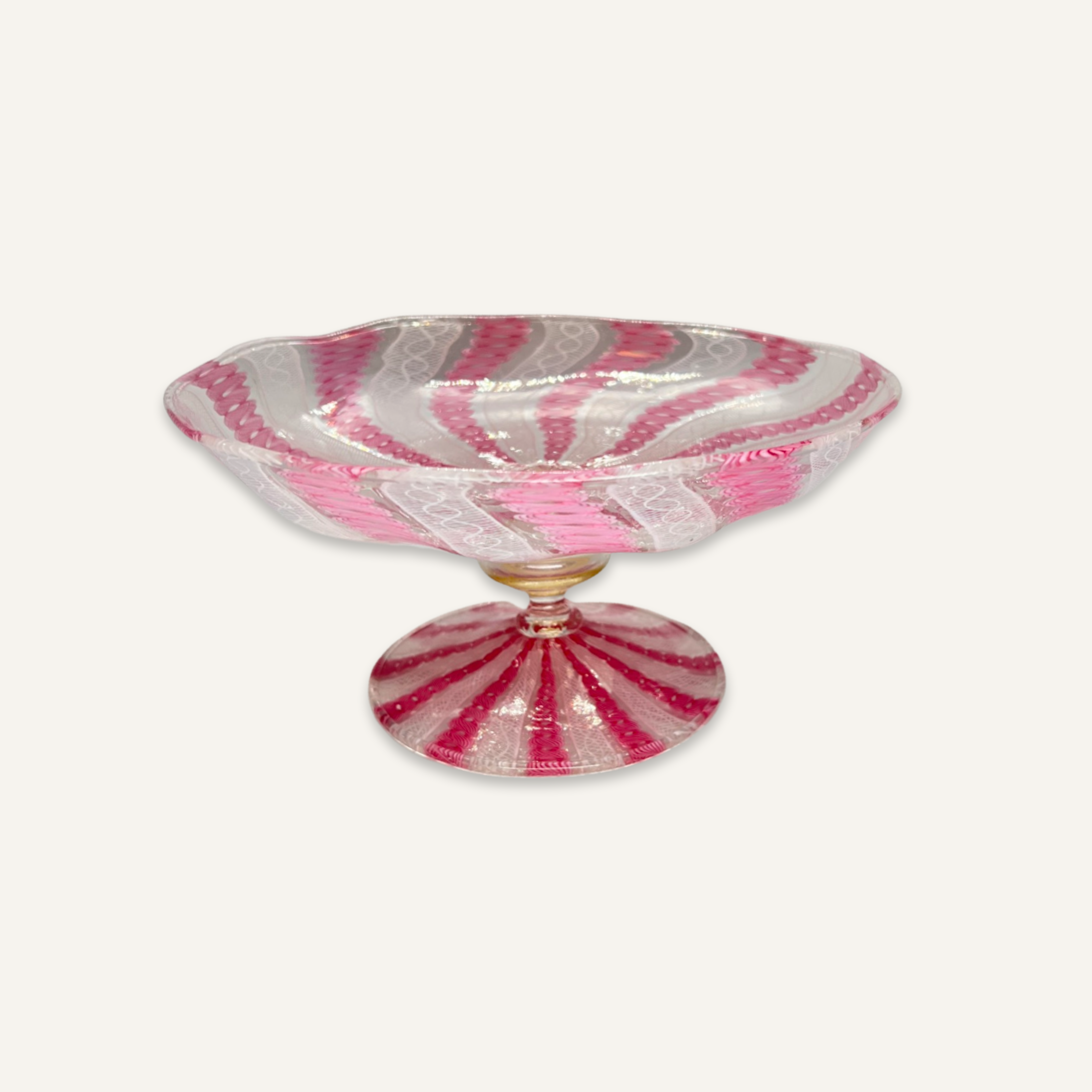 Murano Glass Pink and White Ribbon Cane Cake Stand