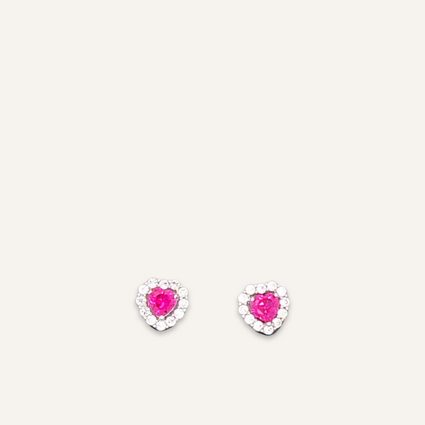14k White Gold Heart Shaped Ruby and Diamond Halo Earrings