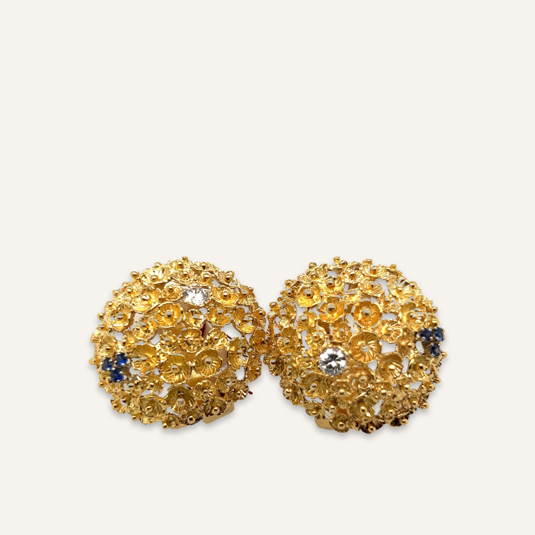 18k Yellow Gold Salon Sapphire and Diamond Earrings