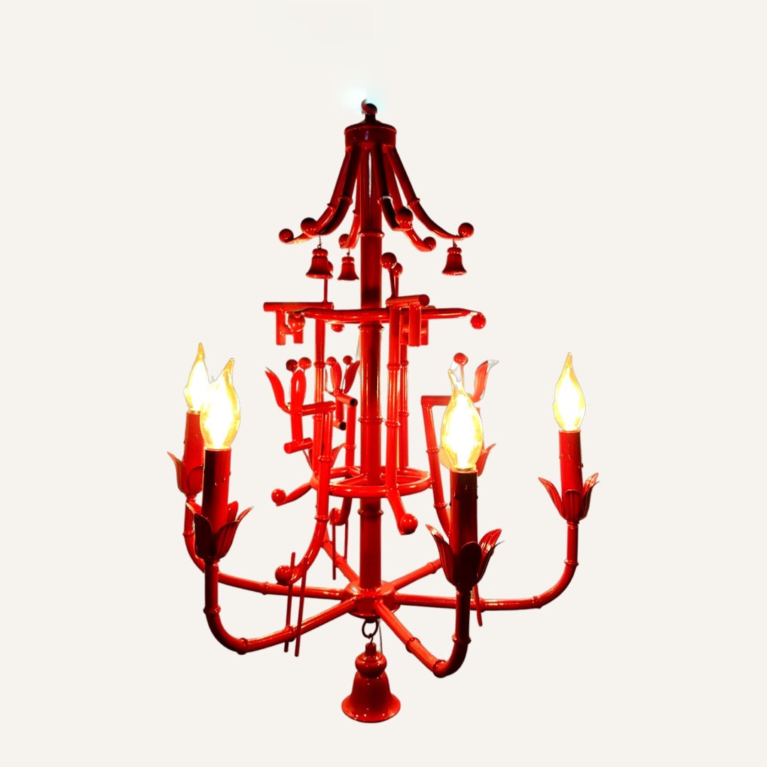 Vintage Red Lacquer Tole Bamboo Chandelier